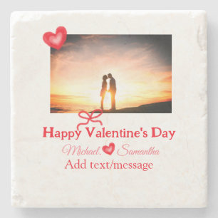 Red bow valentine's day add photo name heart love  stone coaster