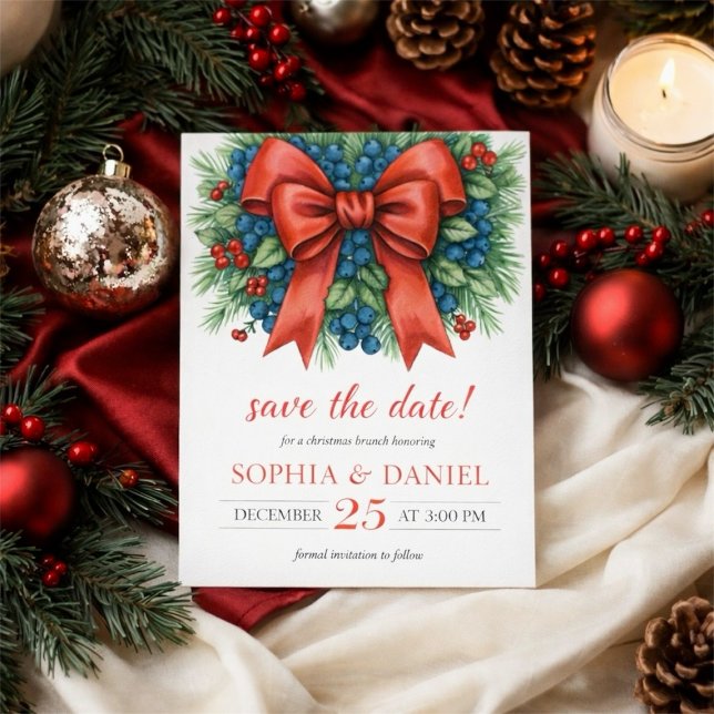 Red Bow Watercolor Christmas Brunch Save The Date (Red Bow Watercolor Christmas Brunch Save The Date)