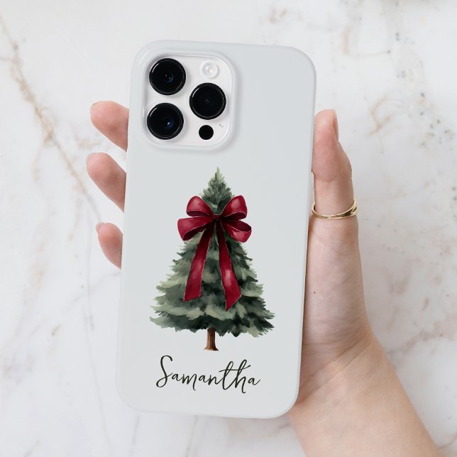 Red Bow Watercolor Christmas Tree Script Name iPhone Case (Red Bow Watercolor Christmas Tree Script Name Case-Mate iPhone Case)
