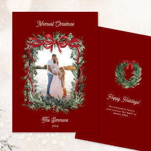 Red Bow Watercolor Greenery Wreath Photo Christmas Holiday Card