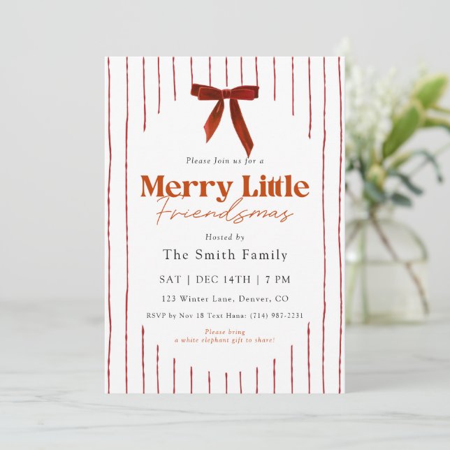 Red Bow Watercolor Merry Little Friendsmas Invitation (Standing Front)