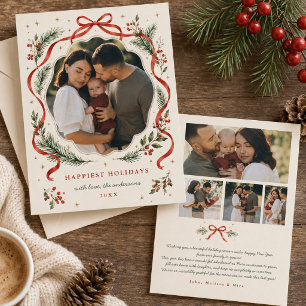 Red Bow Watercolor Pine Garland Multi Photo Holiday Card