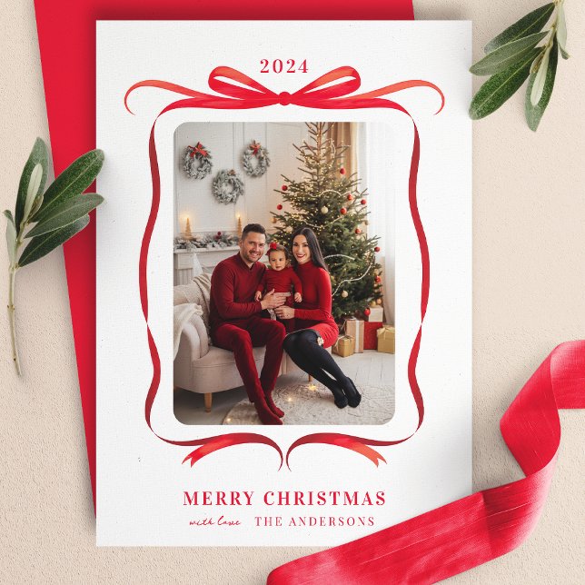 Red Bow Wavy Ribbon Frame Merry Christmas Photo Holiday Card (Creator Uploaded)