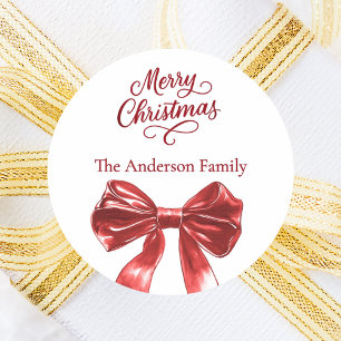 Red bow white Christmas Classic Round Sticker