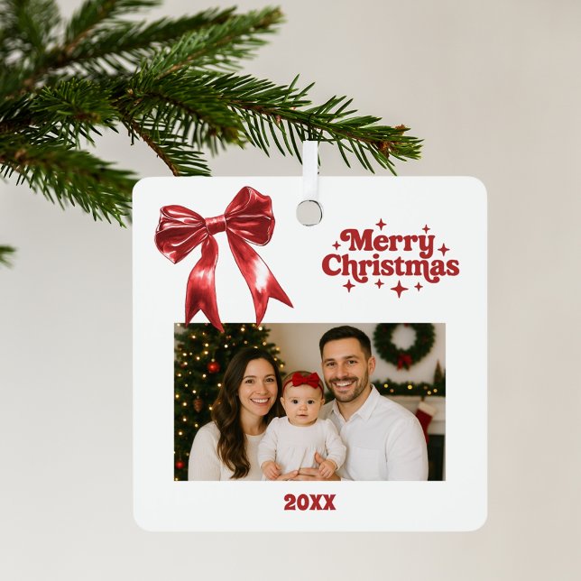 Red bow white Christmas photo Metal Tree Decoration (Creator Uploaded)