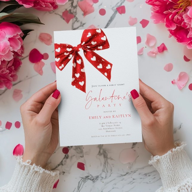 Red Bow White Hearts Galentines Party  Invitation (Creator Uploaded)