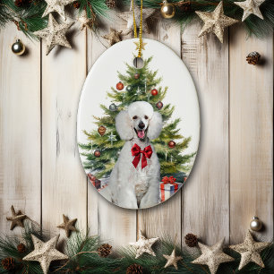 Red Bow White Standard Poodle Dog Christmas Ceramic Ornament
