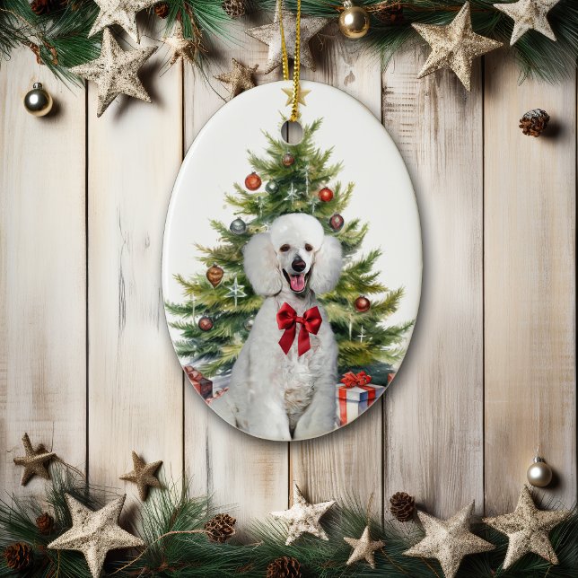 Red Bow White Standard Poodle Dog Christmas Ceramic Ornament (Creator Uploaded)