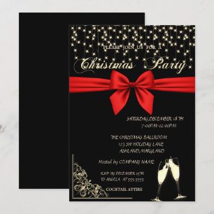 Red Bow,Wine Glass,Black Company Christmas Party Invitation