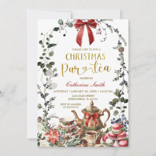 Red Bow Winter Greenery Christmas Tea Party Invitation