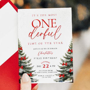 Red Bow Winter Onerderland 1st Birthday Invitation