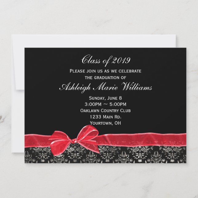 Red Bow with Damask Border for Grad Invitation (Front)