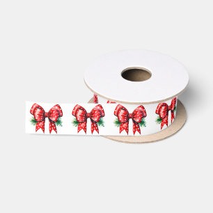 Red Bow With Holly White Ribbon Satin Ribbon