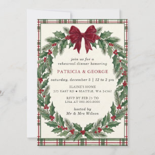 Red Bow Wreath Christmas Rehearsal Dinner Invitation