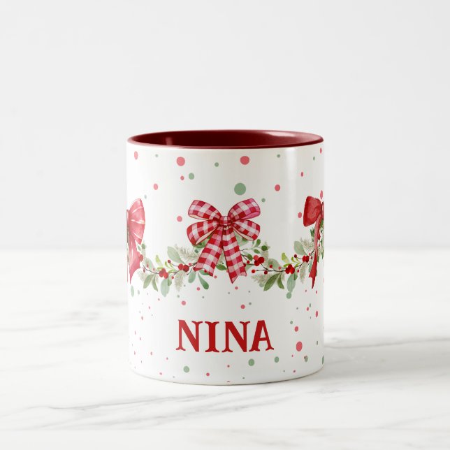 Red Bow Wreath Garland Personalised Christmas Mug (Center)