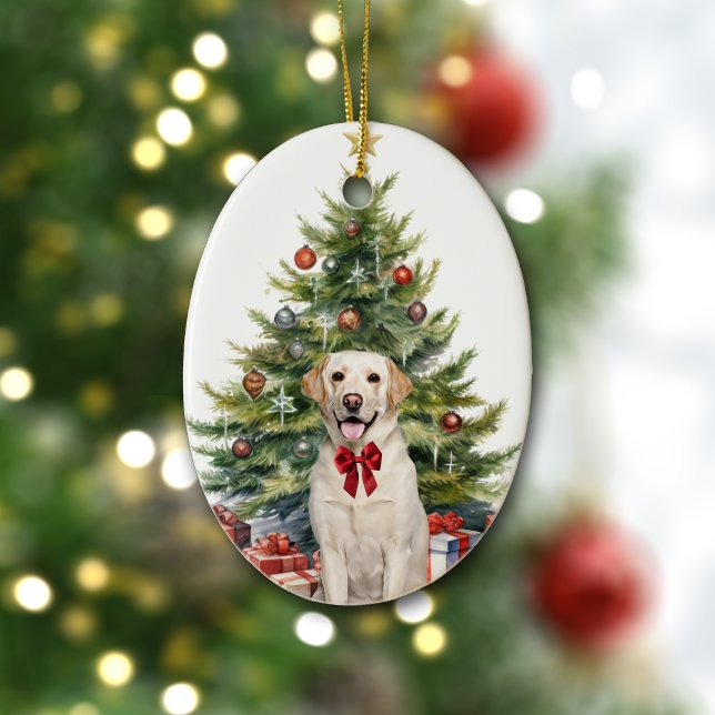 Red Bow Yellow Labrador Retriever Christmas Ceramic Ornament (Creator Uploaded)