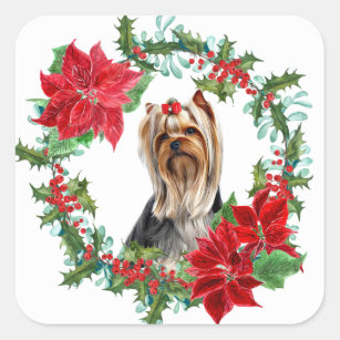Red Bow Yorkshire Terrier Poinsettia Holly Wreath Square Sticker