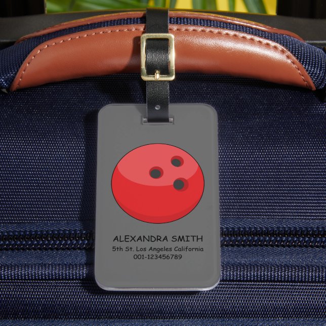 Red Bowling Ball Personalise Luggage Tag (Front Insitu 2)