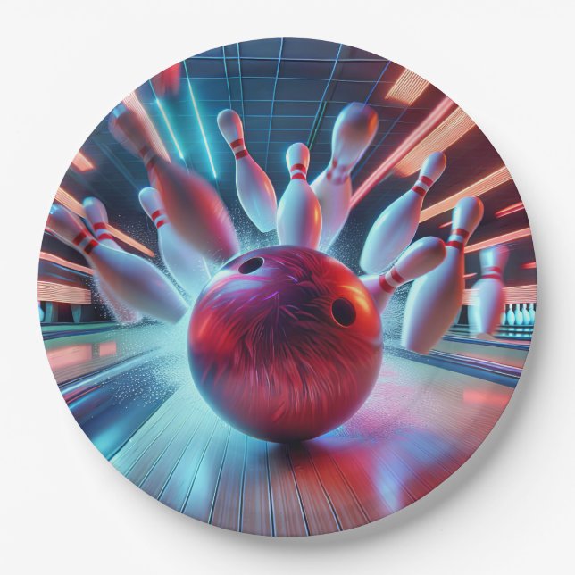 Red Bowling Ball Strike Paper Plate (Front)