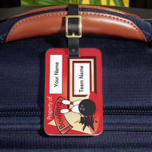 Red Bowling Pins and Ball 🎳   Bowler Luggage Tag