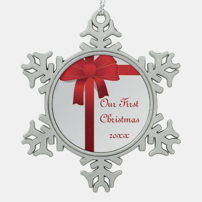 Red Bows 1st Christmas Together Snowflake Pewter Christmas Ornament (Front)