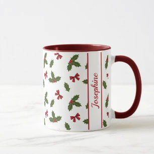 Red Bows And Christmas Holly Plants Pattern & Name Mug