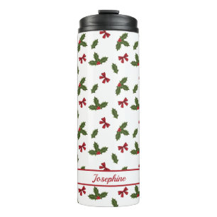 Red Bows And Christmas Holly Plants Pattern & Name Thermal Tumbler