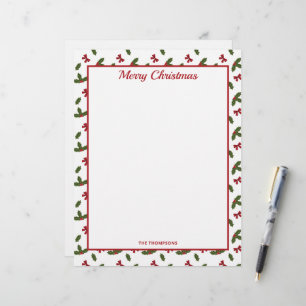 Red Bows And Christmas Holly Plants Pattern & Text Custom Letterhead