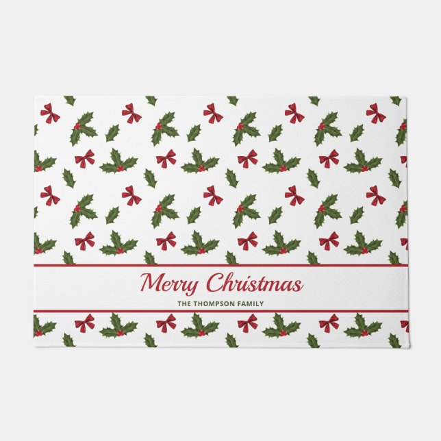 Red Bows And Christmas Holly Plants Pattern & Text Doormat (Front)