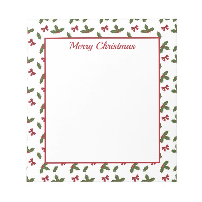Red Bows And Christmas Holly Plants Pattern & Text Notepad (Front)