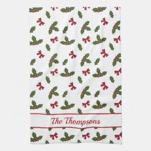 Red Bows And Christmas Holly Plants Pattern & Text Tea Towel