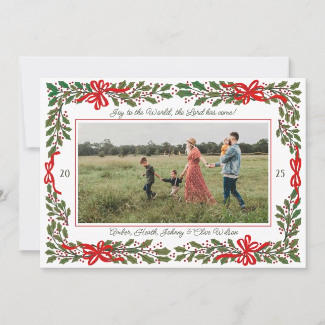 Red Bows and Holly Garland One-Photo Christmas Holiday Card (Front)