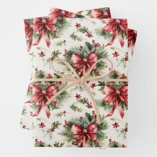 Red Bows and Holly Leaves Wrapping Paper Sheet