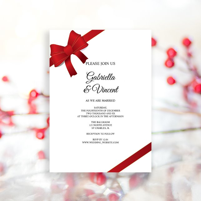 Red Bows Winter Wedding Invitation (Invite guests to your wintery marriage with the festive Red Bows Winter Wedding Invitation.)