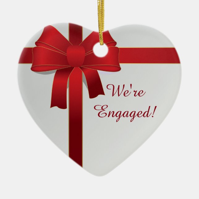 Red Bows Winter We're Engaged Ceramic Ornament (Front)