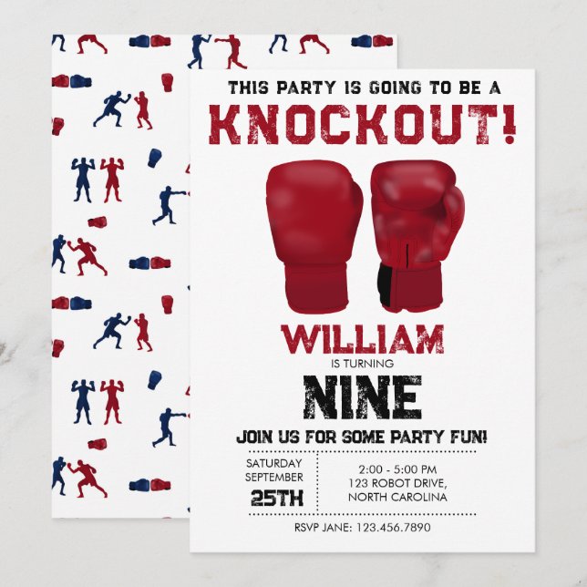 Red Boxing Gloves Kids Birthday Party Knockout Invitation (Front/Back)