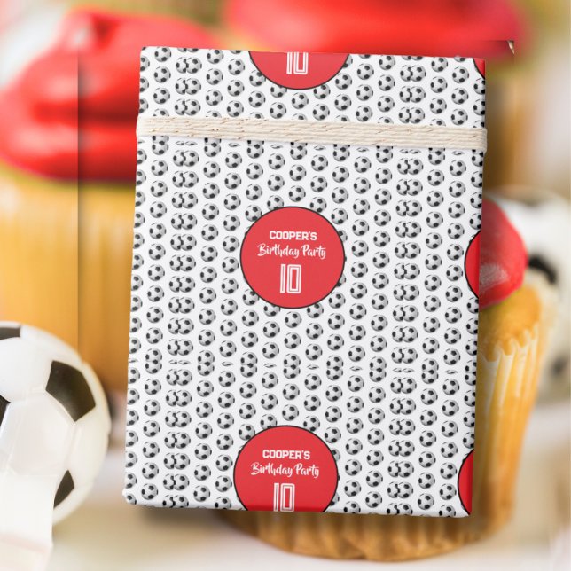 Red Boy Soccer Birthday Party Wrapping Paper (Creator Uploaded)