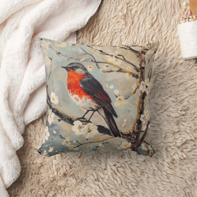 Red Breast Bird in Tree White Flowers Cushion (Blanket)