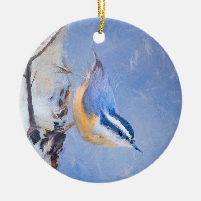 Red-Breasted Nuthatch Painting Original Bird Art Ceramic Ornament (Front)