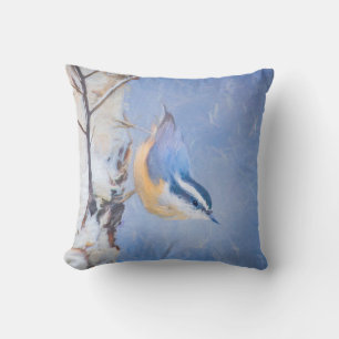 Red-Breasted Nuthatch Painting Original Bird Art Cushion