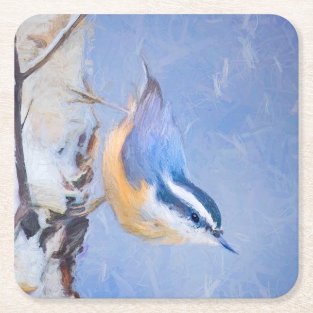 Red-Breasted Nuthatch Painting Original Bird Art Square Paper Coaster (Front)