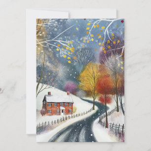Red Brick House in Snow Hello Flat Card