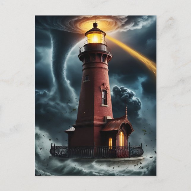 Red brick lighthouse in tornado postcard (Front)
