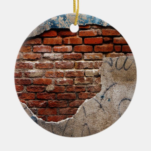 Red Brick Under Graffiti Laced Cement Wall Ceramic Ornament (Front)