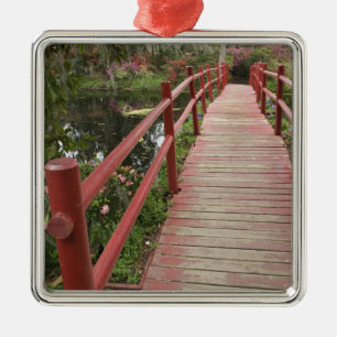 Red bridge over pond, Magnolia Plantation, Metal Tree Decoration