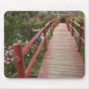 Red bridge over pond, Magnolia Plantation, Mouse Pad