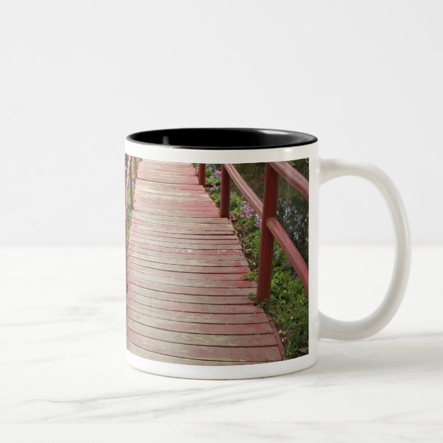 Red bridge over pond, Magnolia Plantation, Two-Tone Coffee Mug (Right)