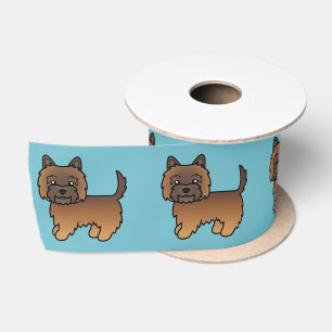Red Brindle Cairn Terrier Cartoon Dog On Blue Satin Ribbon
