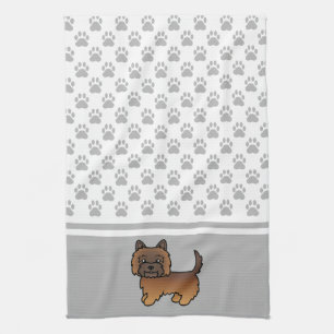 Red Brindle Cairn Terrier Dog & Grey Paws Pattern Tea Towel