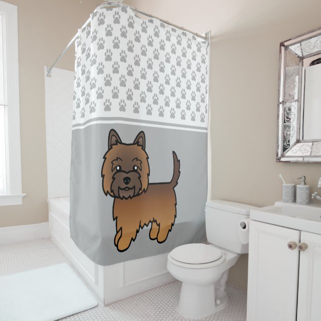 Red Brindle Cairn Terrier Dog & Paws Pattern Grey Shower Curtain (In Situ)